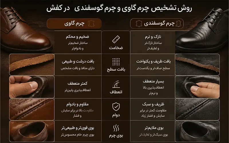 تفاوت چرم گاوی و چرم گوسفندی در کفش مردانه